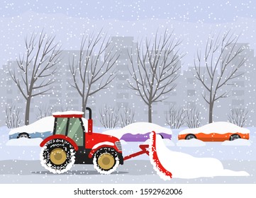 A Tractor Cleans The Road In The City After Heavy Snow And Hail. Parked Cars On The Street In Snowdrifts And Snow. Flat Vector Illustration