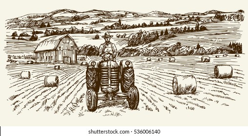 Tractor collecting haystack in the field. Hand drawn vector illustration.