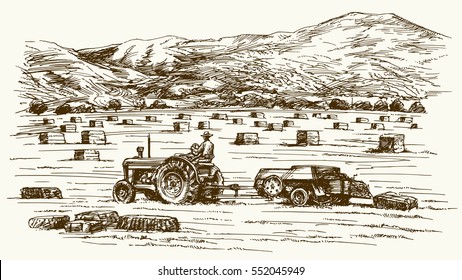 Tractor collecting haystack in the field. Hand drawn vector illustration.