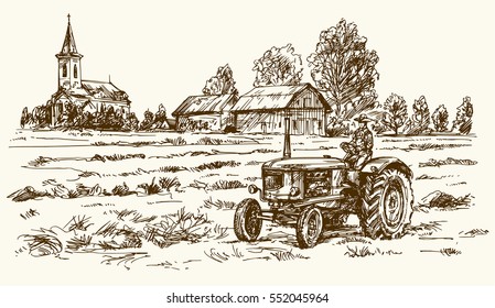 Tractor collecting haystack in the field. Hand drawn vector illustration.