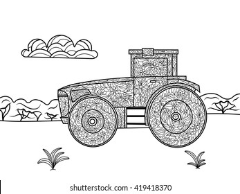 Tractor coloring book for adults vector illustration. Black and white lines. Lace pattern