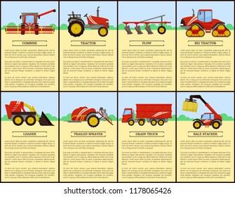 Tractor and combine set poster with text. Plow and loader, trailed sprayer and grain truck. Bale stacker, baler with hay, dry grass compression vector