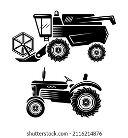 Tractor and combine set of two back vector objects or design elements isolated on white background svg