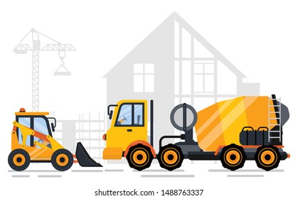 Tractor and concrete mixing machine side view, shadow of concreting project and crane. Construction equipments, engineering outdoor, automobile. Vector illustration in flat cartoon style
