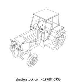 Tractor contour from black lines on a white background. Isometric view. Vector illustration