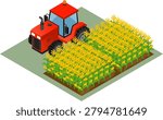 Tractor in Corn Field Isometric Agriculture Flat Vector Illustration	