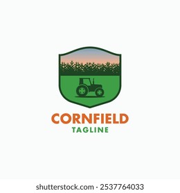 Logotipo de la insignia del tractor en el maizal. Concepto moderno de diseño de logotipo de tractor agrícola fresco