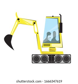 A tractor with a crawler bucket or an excavator with a cab and glass isolated on a white background for design. Flat vector stock illustration with a heavy machine for working on a slim line