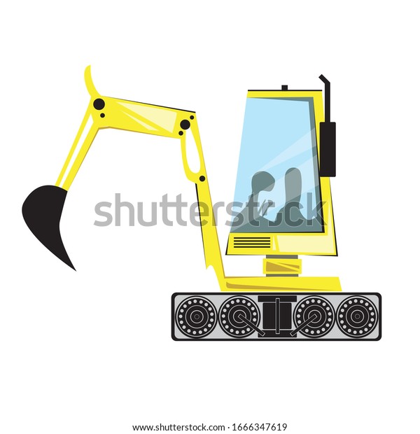 A tractor with a crawler bucket or an excavator with\
a cab and glass isolated on a white background for design. Flat\
vector stock illustration with a heavy machine for working on a\
slim line