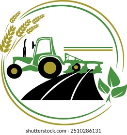 Tractor cultivates the field, isolated  logo. Agriculture sign.  Symbol for design, logo. Vector illustration.
Agricultural production logo with a silhouette icon of a tractor plowing a fiel