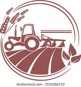 Tractor cultivates the field, isolated monochrome logo. Agriculture sign.  Symbol for design, logo. Vector illustration.
Agricultural production logo with a silhouette icon of a tractor plowing a fiel