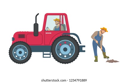 Tractor cultivation of land done by farmers. Man with shovel digging soil, male driving on transport helping to cultivate ground field icons vector