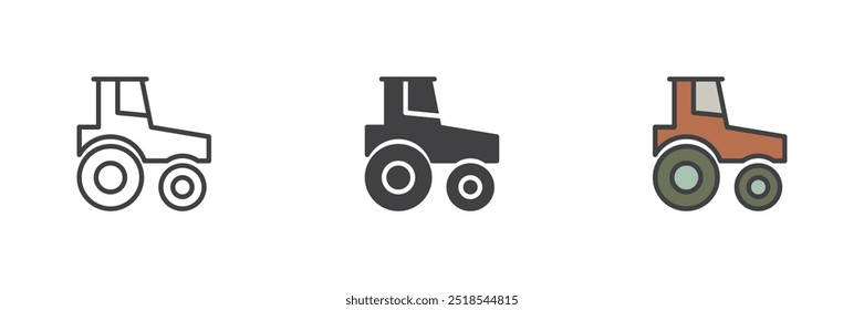 Conjunto de iconos de estilo diferente de tractor. Línea, glifo y contorno relleno versión colorida, contorno y signo de Vector relleno. Símbolo, ilustración del logotipo. Gráficos de Vector