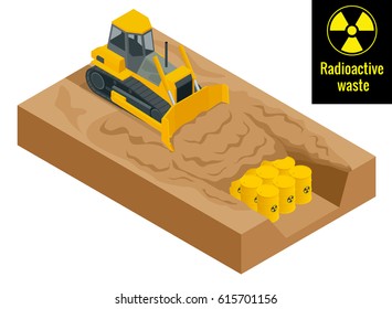 The tractor digs in drums with radioactive waste in yellow barrels. Radioactive danger concept. Flat 3d vector illustration. Environment protection. 