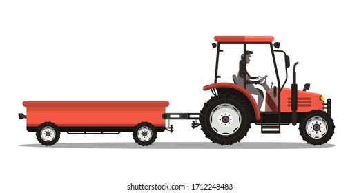 Tractor With Dray - Trailer Side View With Driver Profile Silhouette Vector Isolated On White Background