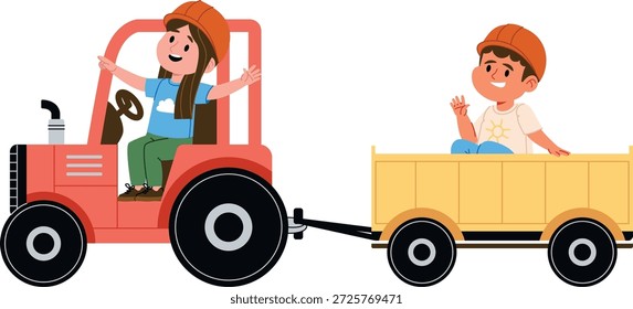 Tractor driven by a girl pulls a small trailer with a boy waving, both wearing hard hats and casual clothes. Theme of adventure, rural fun, teamwork, and childhood joy. Cartoon vector illustration.