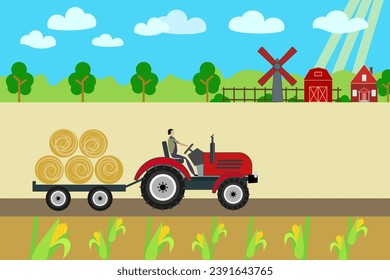 A tractor driver in a car without a roof is harvesting a trailer. A vintage vector stock illustration with corn and a farm mill. A retro farmer rides across the field