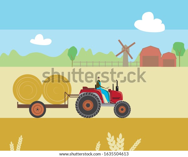 A tractor driver in a\
car without a roof is harvesting a trailer. A vintage vector stock\
illustration with cereals and a farm mill. A retro farmer rides\
across the field