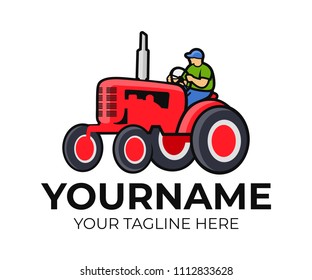 Tractor, tractor driver or farmer, logo template. Agriculture, farm and farming, vector design. Agricultural equipment, transport and transportation, illustration