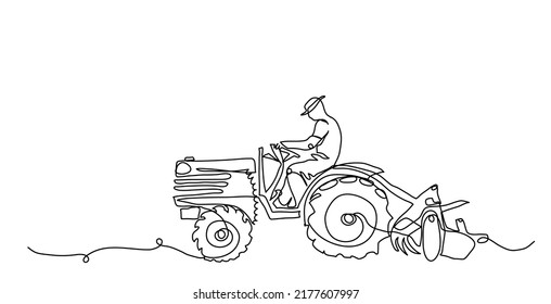 Tractor driver farmer, man. Vector background, banner, poster,agriculture machinery concept. One continuous line art drawing illustration of tractor driver.