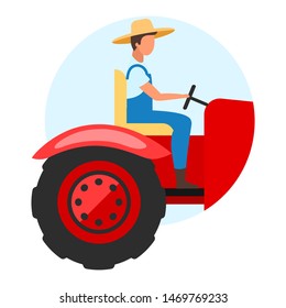 Tractor driver flat concept icon. Agricultural machinery sticker, clipart. Cultivation, planting, harvesting vehicle. Farmer, farm worker driving mini tractor. Isolated cartoon illustration on white
