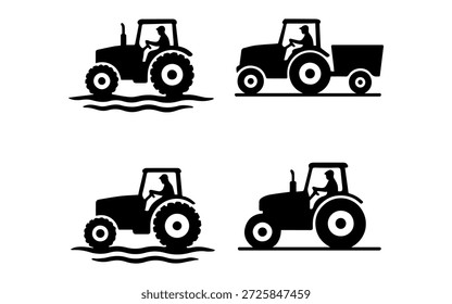 Tractor con el icono del conductor, conjunto de siluetas que representan la agricultura
