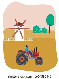 Tractor driver woman cultivates a field with a crop in the village. Retro vector stock illustration with heavy machine, girl and mill as an eco production of goods concept.