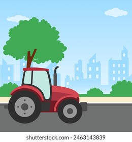 tractor is driving on the road through city to the farm