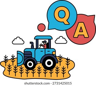 A tractor is driving through a field with clouds in the sky. The tractor is surrounded by a large A and Q