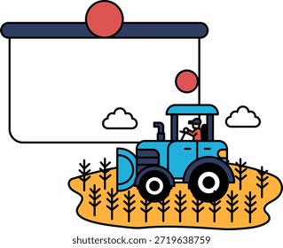 A tractor is driving through a field of corn. The tractor is being driven by a man. The sky is cloudy and the sun is shining