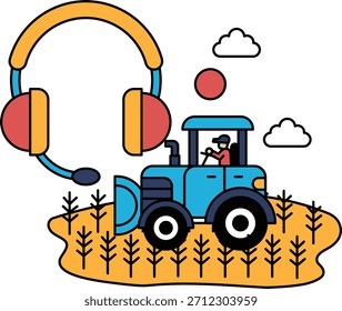 A tractor is driving through a field with a man wearing a headset. The man is likely listening to instructions or communicating with someone while operating the tractor