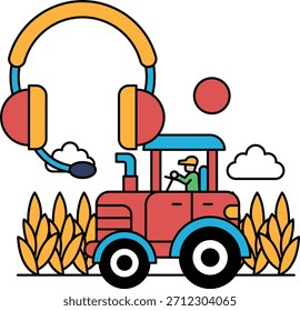 Ein Traktor fährt mit einem Mann im Kopfhörer durch ein Feld. Der Mann trägt einen Hut und fährt den Traktor
