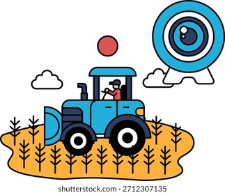 A tractor is driving through a field with a man in the driver's seat. The tractor is surrounded by a large camera lens, which is likely a drone. Concept of technology and modernity
