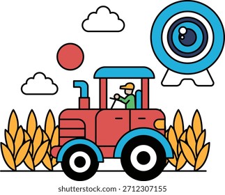 Ein Traktor fährt mit einem Mann auf dem Fahrersitz durch ein Feld. Der Himmel ist bewölkt und die Sonne scheint