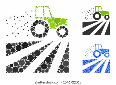 Tractor dust field mosaic of filled circles in various sizes and color tinges, based on tractor dust field icon. Vector filled circles are organized into blue mosaic.