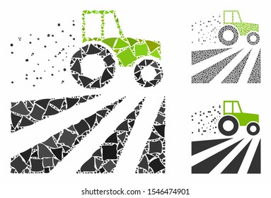 Tractor dust field mosaic of joggly items in various sizes and color hues, based on tractor dust field icon. Vector joggly elements are organized into mosaic.