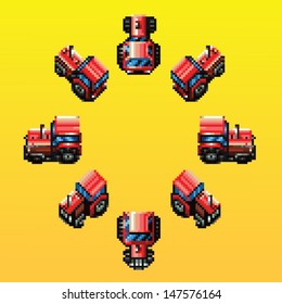 tractor eight directions retro pixel design vector illustration