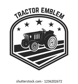 tractor emblem. Farmers market. Design element for logo, label, sign. Vector illustration