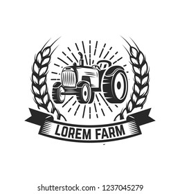 tractor emblem. Farmers market. Design element for logo, label, sign. Vector illustration