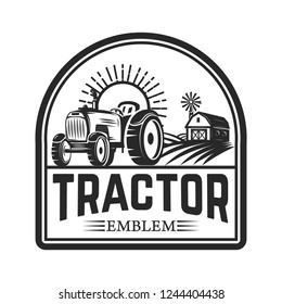 tractor emblem. Farmers market. Design element for logo, label, sign. Vector illustration