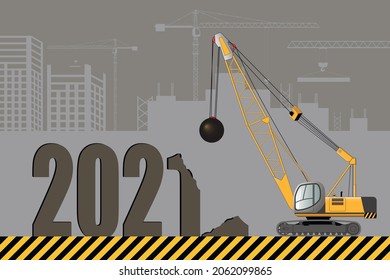 Tractor excavator with a ball-baba at work at a construction site. New Year card, 2021. Flat vector illustration.