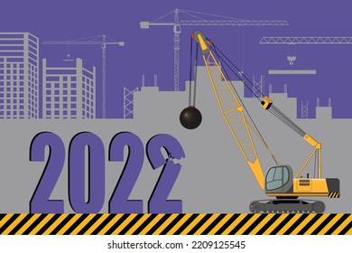 excavadora de tractores con una baba-bola en funcionamiento en una obra de construcción. Tarjeta de Año Nuevo, 2023. Ilustración vectorial plana.