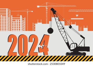 Tractor excavator with a ball-baba at work at a construction site. New Year card, 2024. Flat vector illustration.