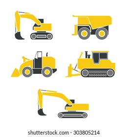 Tractor, excavator, bulldozer, crawler, Wheeled and continuous track with blade and backhoe. illustration or icon. Isolated on white background. EPS 10 vector.