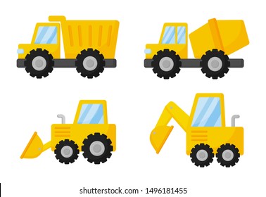 tractor, excavator, bulldozer and trucks. construction equipment and machinery isolated on white background. illustration vector.  