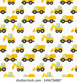 tractor, excavator, bulldozer and trucks seamless pattern. construction equipment on white background. illustration vector.  