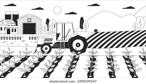 Tractor in farm field black and white line illustration. Agricultural machine working on plantation 2D landscape monochrome background. Plant cultivation business outline scene vector image