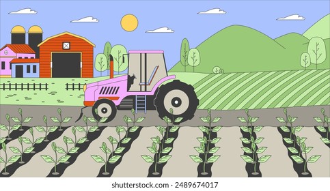 Tractor in farm field cartoon flat illustration. Agricultural machine working on plantation 2D line landscape colorful background. Plant cultivation business scene vector storytelling image