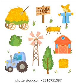 Tractor. Farm, Mill. Agricultural buildings. Hay. Tractor. Barn. Cattle breeding Vector illustration isolated on white background.