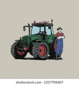  tractor and farmer agricultural vector vintage illustration